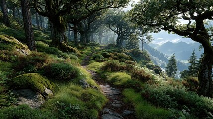 Fototapeta premium A forest path, lined with trees and grass on either side, is encircled by rocks and trees