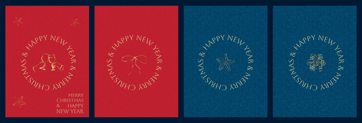 Set elegant christmas and new year elements with gold on the red and blue backgrounds
