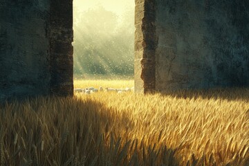 A flock of sheep grazes in a golden wheat field, framed by ancient stone walls with ethereal sunlight.