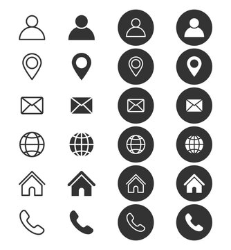 contact icons | contact information icon set including : user, location, email, website, globe, home, and phone icons | in outline, filled, black buttons. ideal for business and web, app UI