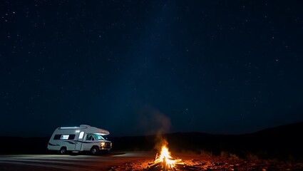RV parked under a starry night sky near a campfire.