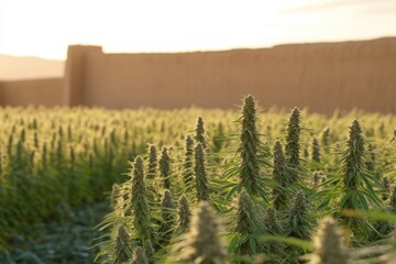 Golden hour bathes a vast cannabis field with a high wall in the background, hinting at cultivation.