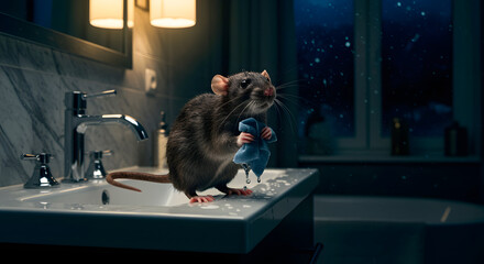 Rat during morning hygiene – A single frame from a humorous and realistic video showing a rat standing on a bathroom sink, holding a tiny towel and performing a morning hygiene routine, cinematic atmo