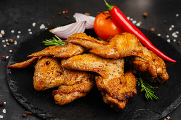 juicy golden grilled barbecue meat with spices on dark background