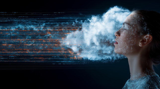 Woman with eyes closed and digital cloud data stream emerging from her face, representing connection and technology.
