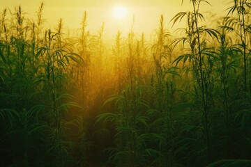A vibrant field of cannabis plants basks in the golden glow of the setting sun, creating a serene landscape.