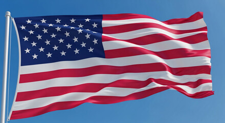 Vibrant American flag proudly waving against a clear blue sky, symbolizing freedom, patriotism, and national pride. Ideal for Fourth of July, Veteran's Day, Memorial Day, and election-related designs