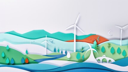 Fototapeta premium A creative depiction of diverse renewable energy sources, such as wind turbines and hydroelectric dams, harmoniously integrated into a natural landscape against a clear white sky