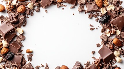 Dark chocolate chunks and assorted nuts & dried fruits form a frame on a white background, leaving a central blank space