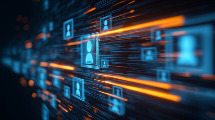 Digital interface with user profile icons and data streams visualizing network communication and identity.
