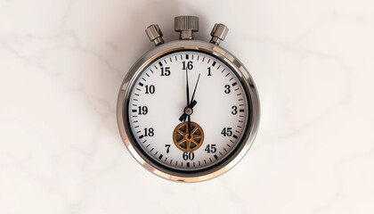 Vintage metal stopwatch isolated on white marble backdrop symbolizes urgency