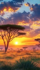Naklejka premium Stunning African Sunset Over Serengeti Savannah with Acacia Trees and Vibrant Orange Sky at Dusk