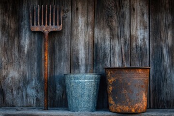 Rustic scene of rusty gardening tools and weathered buckets against a rustic wooden wall.