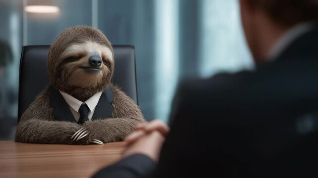 Faultier im Bewerbungsgespr&auml;ch mit ernstem Gesichtsausdruck. K&uuml;nstliche Intelligenz KI