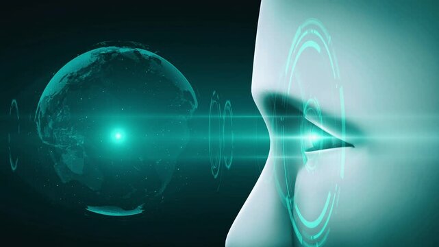 Robot hominoid face close up with graphic concept of AI thinking brain , artificial intelligence and machine learning process for the 4th fourth industrial revolution. 3D rendering