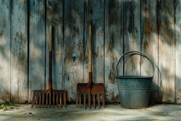 Fototapeta premium Still life of gardening tools: two rakes and one bucket against a weathered wooden plank wall.