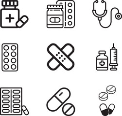Medical and Healthcare Outline Icons Set. Pharmacy and Medicine 