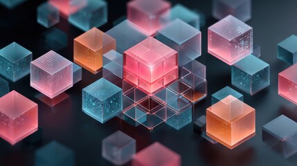 Obraz premium A colorful image of many cubes in various colors. The cubes are arranged in a way that creates a sense of depth and dimension. The image conveys a feeling of creativity and playfulness