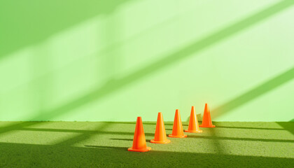 Bright orange cones in a line on artificial turf in indoor hall