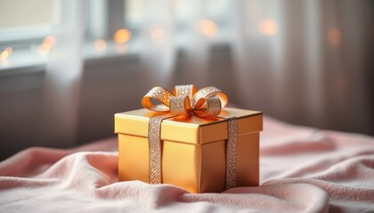 Elegant golden gift box with decorative ribbon on soft pink fabric backdrop