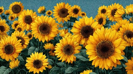 Fototapeta premium A field of yellow sunflowers with a blue sky background. The sunflowers are in full bloom and are scattered throughout the field. Concept of warmth and happiness