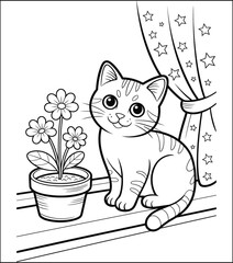 Cute Cartoon Cat Sitting on a Windowsill with Flowers Coloring Page