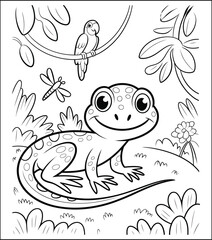 Cute Lizard in a Jungle Scene Coloring Page for Kids