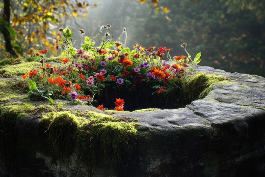 A stone well overflowing with colorful flowers and moss, with a soft, misty forest backdrop in sunlight.