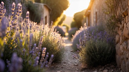 Obraz premium Walking through lavender path in countryside during golden hour sunset
