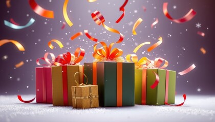 Festive arrangement of presents under snowfall with confetti decorations
