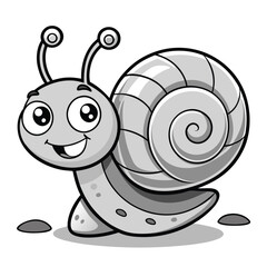 A funny, cute cartoon snail with a happy smile carries its shell in a whimsical vector illustration