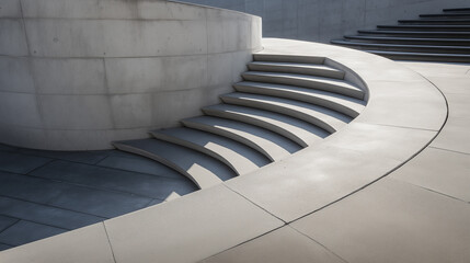 Obraz premium Modern curved concrete staircase with geometric shadows in minimal architectural environment. 