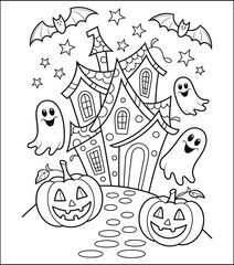 Halloween Coloring Page with Haunted House Pumpkins Ghosts and Bats