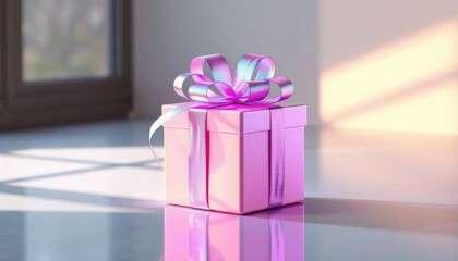 Elegant pink gift box with iridescent ribbon, presenting a special surprise