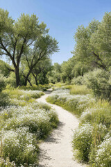 Obraz premium serene summer landscape in manitoba park featuring sunlit trails surrounded by lush greenery and wildflowers