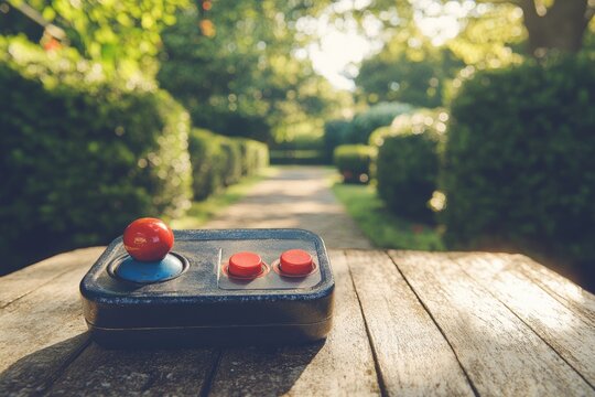 Vintage joystick with buttons on a wooden table, a garden path and green trees in background fills the view.