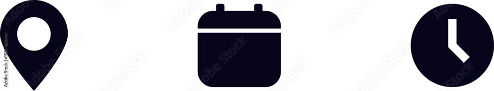 Poster set of address, date, and time icons | location pin, calendar, and clock icons symbols | for schedul