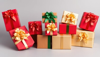 Stack of colorful gifts boxes wrapped with ribbons and tied with bows
