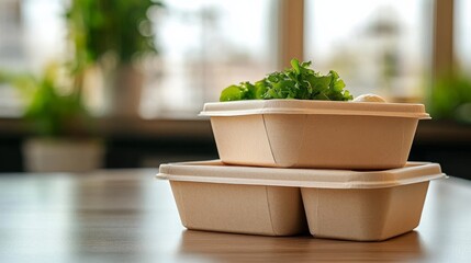 Stacked Eco-Friendly Food Containers with Salad, Sustainable Packaging, Biodegradable Eco-friendly, Compostable