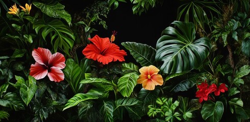 Vivid Tropical Flowers Surrounded by Lush Green Foliage in a Vibrant Natural Display