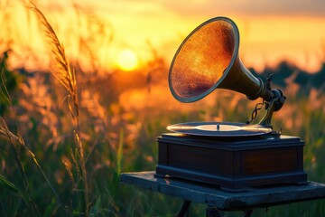 Vintage gramophone set against a golden sunset backdrop, evoking nostalgia and timeless melodies in a serene outdoor setting.
