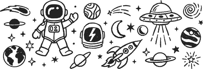 Hand-drawn space theme vector illustration set with UFOs, rockets, planets, stars, comets, and astronauts in a doodle art style.
