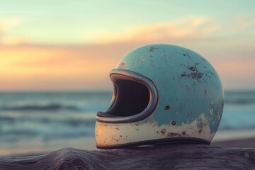 A vintage turquoise motorcycle helmet rests on driftwood against a blurred sunset and ocean backdrop, evoking freedom and nostalgia.
