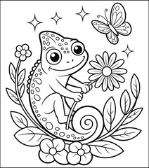 Fototapeta premium Chameleon with Flower and Butterfly Coloring Page for Kids