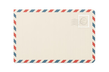Vintage airmail envelope featuring red-blue border, postmarked stamp, resting against transparent backdrop for graphic design needs