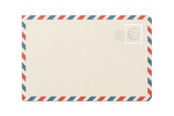Vintage airmail envelope featuring red-blue border, postmarked stamp, resting against transparent backdrop for graphic design needs