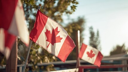 Canadian flags waving proudly in celebration of Canada Day under clear skies Generative AI