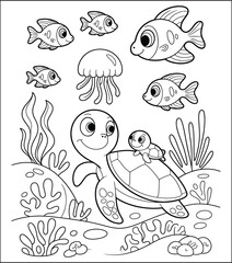 Cute Underwater Scene with Turtles Fish Jellyfish and Coral for Coloring