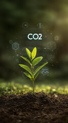 Jasne światło wydobywa się z młodego drzewka rosnącego w trawie, z cyfrowym napisem "CO2" w tle. Symbolizuje redukcję emisji.