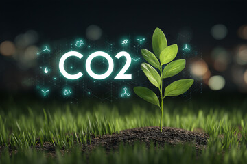 Jasne światło wydobywa się z młodego drzewka rosnącego w trawie, z cyfrowym napisem "CO2" w tle. Symbolizuje redukcję emisji.